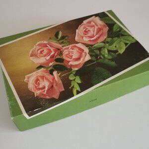 Vintage Roses Card Box EMPTY Retro Colors Shelf Decor Green Pink